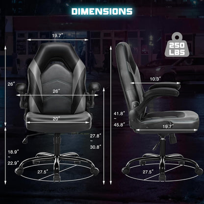 Ergonomic Computer Gaming Chair - Home Office Desk with PU Leather Lumbar Support, Height Adjustable Big and Tall Video Game with Flip-Up Armrest, Swivel Wheels for Adults and Teens