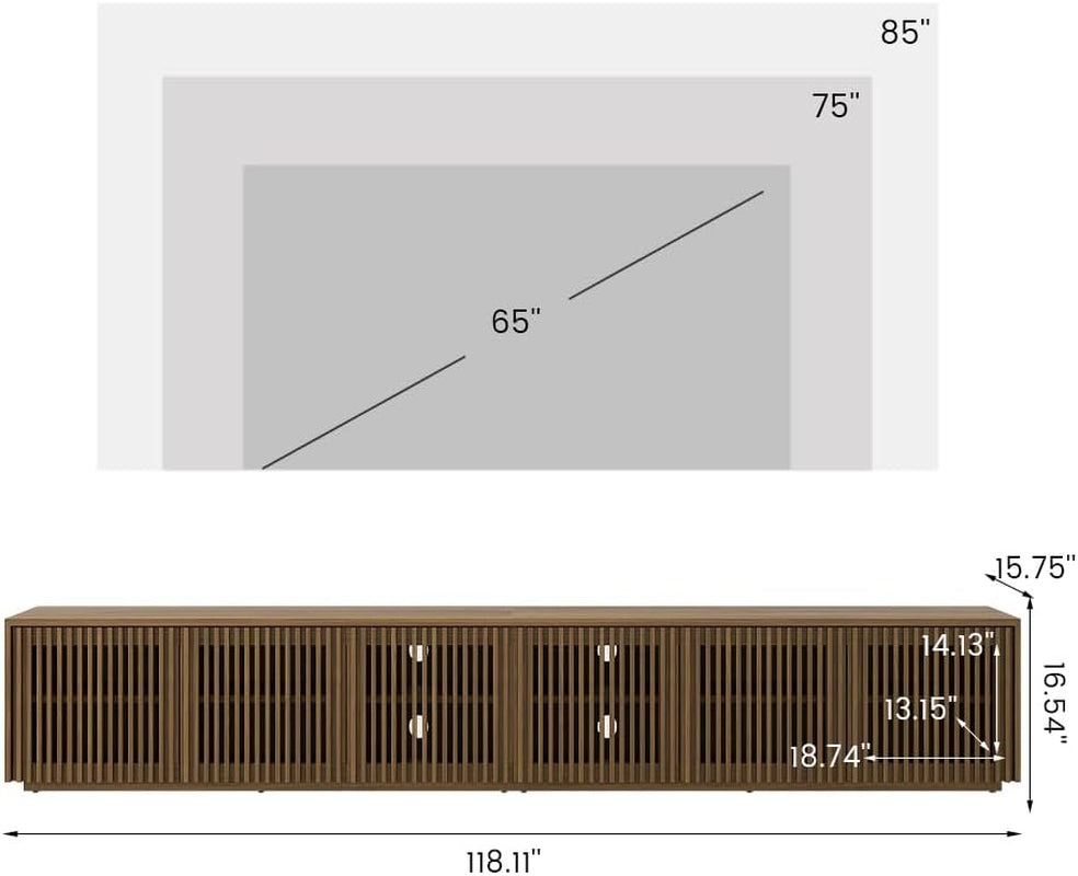 Full Assembled Mid Century Modern TV Stand, 118” Extra-Large Entertainment Center for 100 Inch TV, Wood Slatted TV Media Console with Storage for Living Room Bedroom