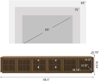 Full Assembled Mid Century Modern TV Stand, 118” Extra-Large Entertainment Center for 100 Inch TV, Wood Slatted TV Media Console with Storage for Living Room Bedroom