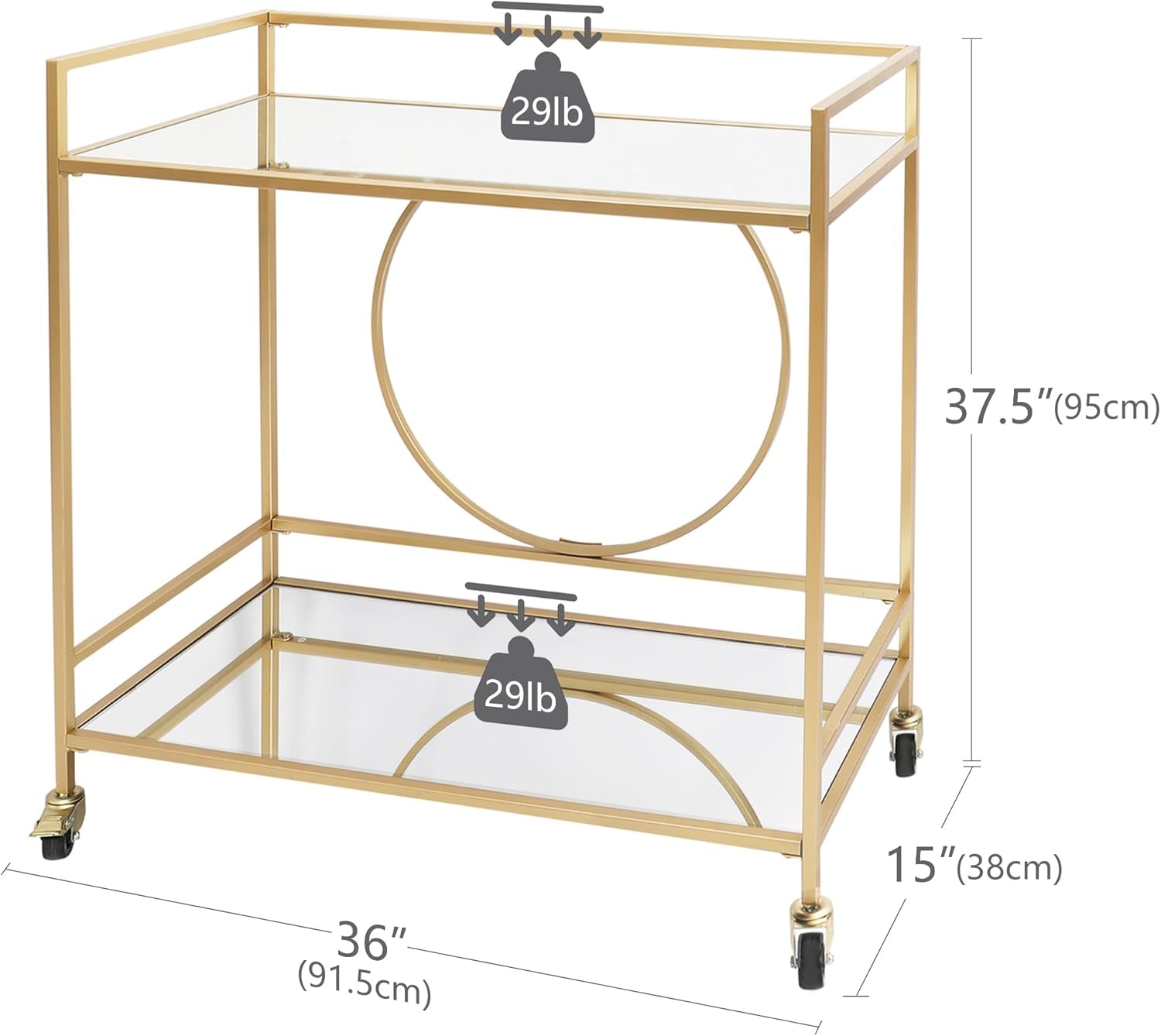 Gold Bar Cart, Modern Wine Cart with Wheels, Home Bar Serving Carts with 2 Tier Mirrored Shelves, Wine Bar Carts for the Home, Dining Room, Kitchen