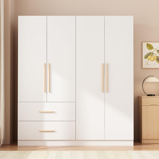 Armoire Wardrobe Closet with 4 Doors & 2 Hanging Rods, Wooden Clothing Storage Cabinet with Drawers & Shelves for Bedroom, White, 19.7" D X 63" W X 70.9" H