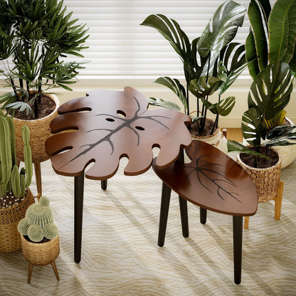 Monstera Leaf Nesting Tables Set of 2, Small Side Tables F Set with Leaf Vein Pattern, Modern Wooden Coffeetables for Living Room Bedroom Apartment Balcony Yard