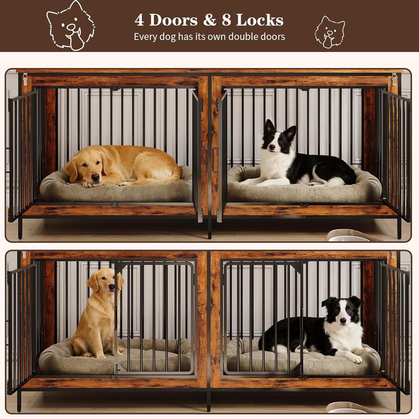 78.74" Double Dog Crate Furniture, Extra Large Dog Kennel Furniture Indoor, Heavy Duty Dog Cage for Medium and Large Dogs, Wooden Pet House as TV Stand, Brown