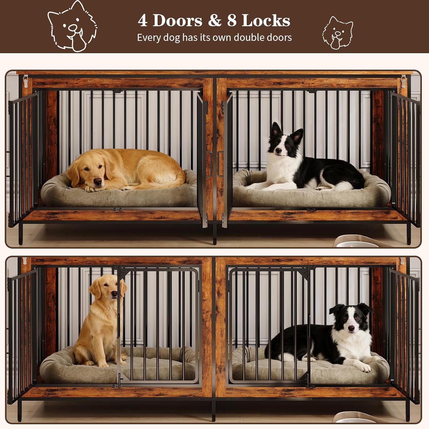 78.74" Double Dog Crate Furniture, Extra Large Dog Kennel Furniture Indoor, Heavy Duty Dog Cage for Medium and Large Dogs, Wooden Pet House as TV Stand, Brown