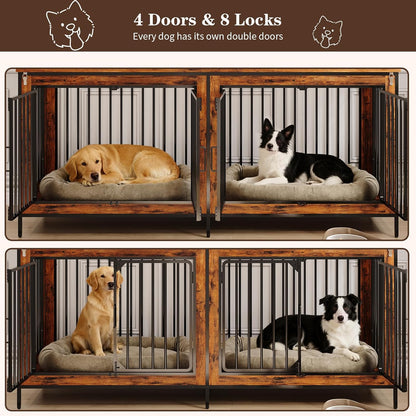 78.74" Double Dog Crate Furniture, Extra Large Dog Kennel Furniture Indoor, Heavy Duty Dog Cage for Medium and Large Dogs, Wooden Pet House as TV Stand, Brown