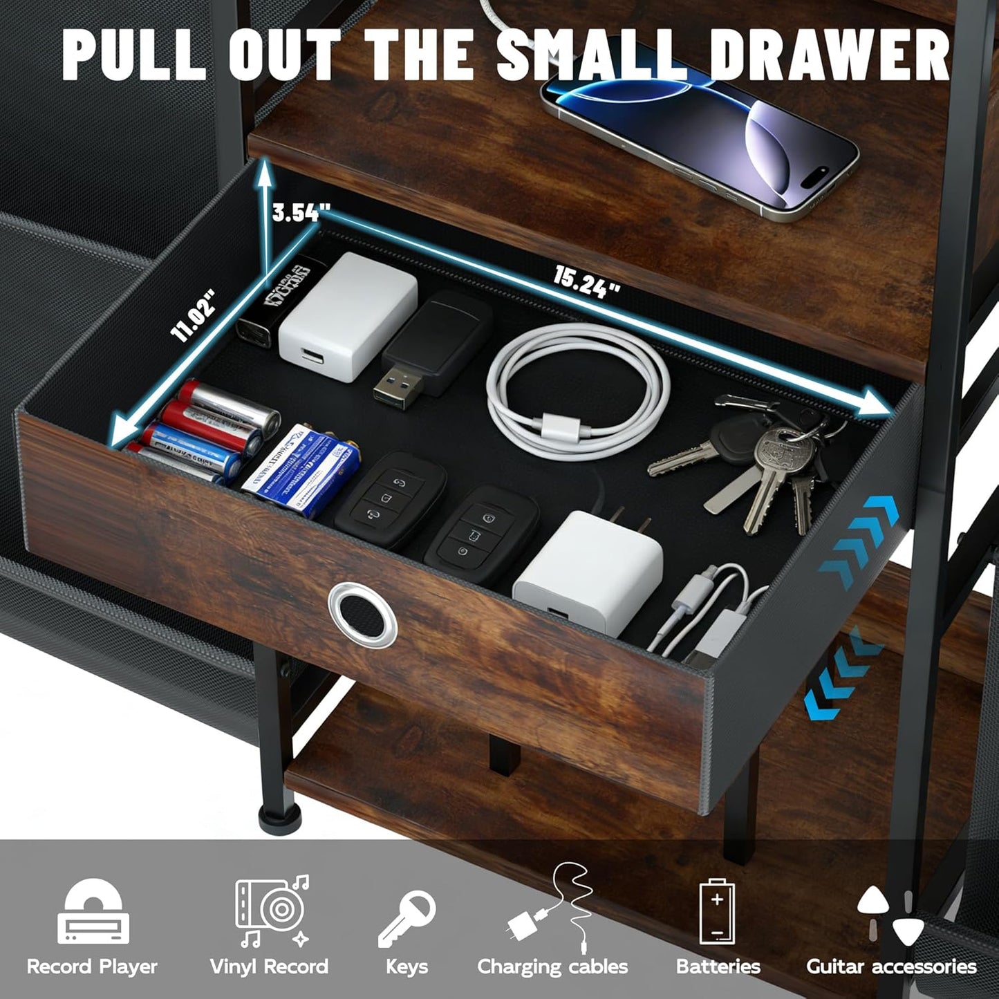 Record Player Stand, Turntable Stand W/Drawer, Oxford Cloth Vinyl Storage, 8 Adjustable Foot Pads for Stability, Record Player Table End Table for Living Room Bedroom Stereo