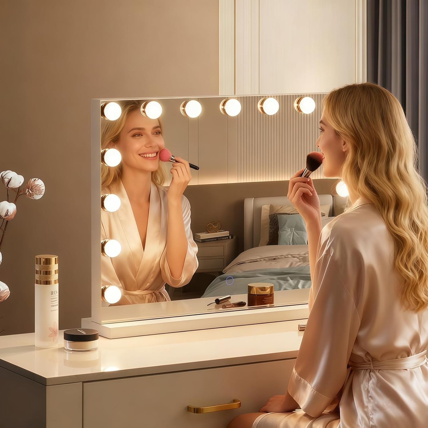 Hollywood Vanity Mirror with Lights, 23"X18" Lighted Makeup Mirror with 10X Magnifying for Desk/Wall Mount, 15 Led Bulbs, 3 Lighting Modes for College Dorm, Bedroom & Dressing Room (White)