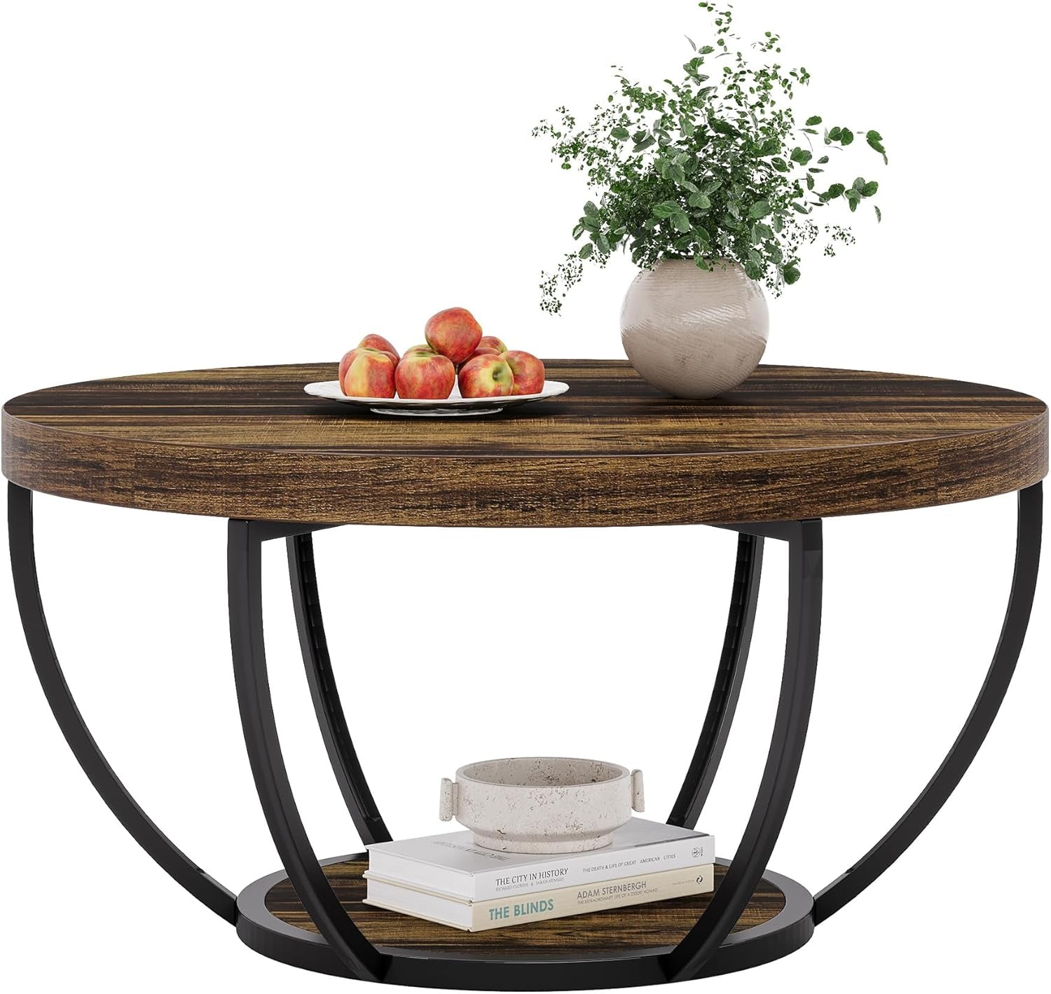 round Coffee Table, 31.7" Wooden 2-Tier Circle Coffee Table with Storage Shelves, Modern Accent Cocktail Table Center Table for Living Room, Rustic Brown