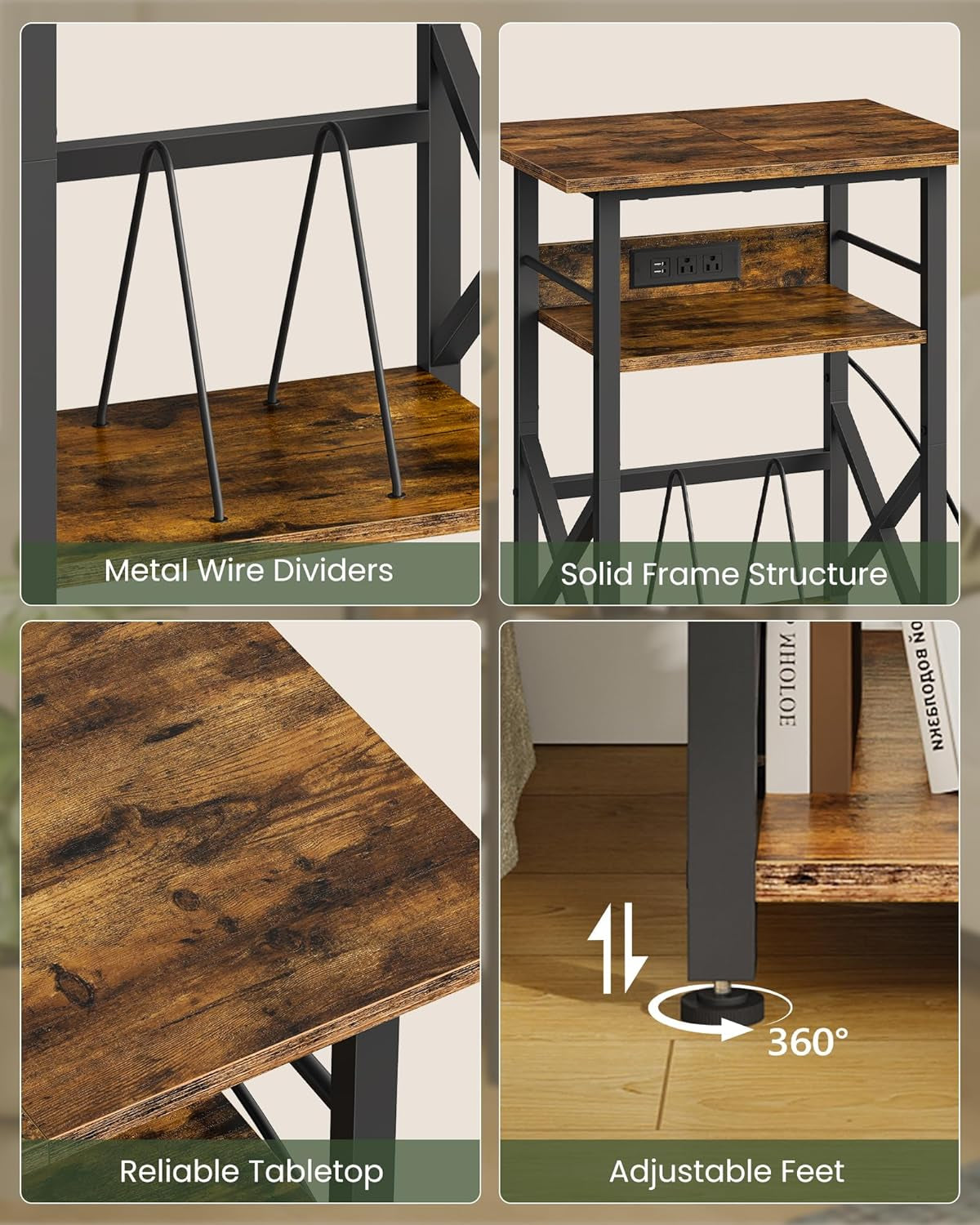 Record Player Stand with Power Outlet, Vinyl Record Storage Side Table, 19" Large Tabletop, Charging Station & Crossed Frame Design for Turntable, Rustic Brown and Black TBZ48UBF