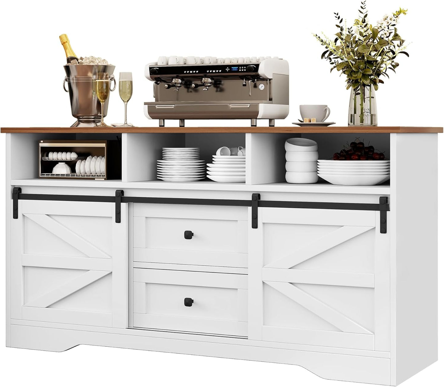 Buffet Cabinet with Drawers, 59" Large Sideboard Buffet Storage Cabinet with Shelves and Doors, Modern Farmhouse Coffee Bar Station Wood Kitchen Table for Kitchen, Dining Room, White
