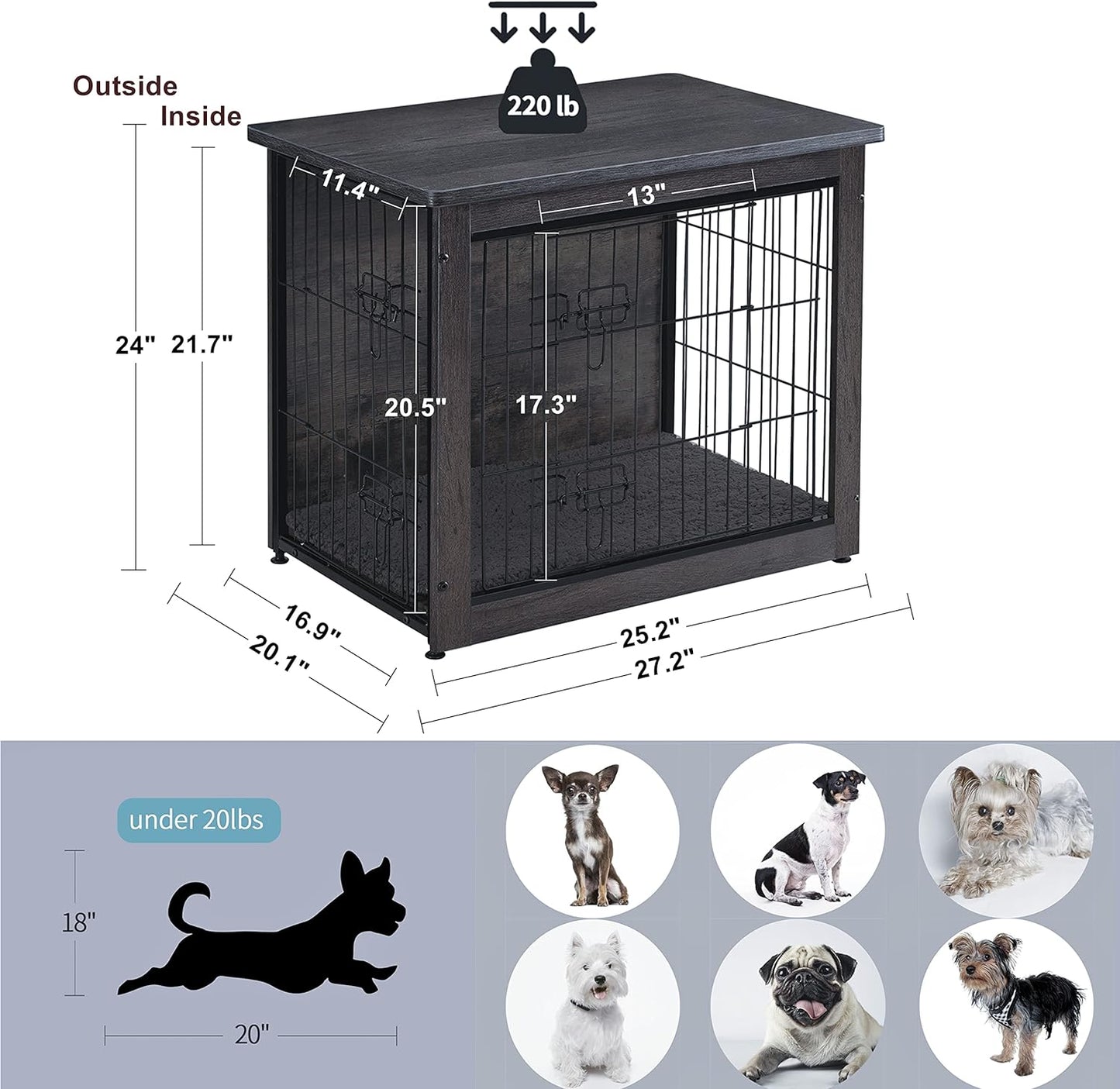 Dog Crate Furniture with Cushion, Wooden Kennel Table with Double Doors, Indoor Dog House, Small/Medium/Large Size, 27.2" L, Black+Gold