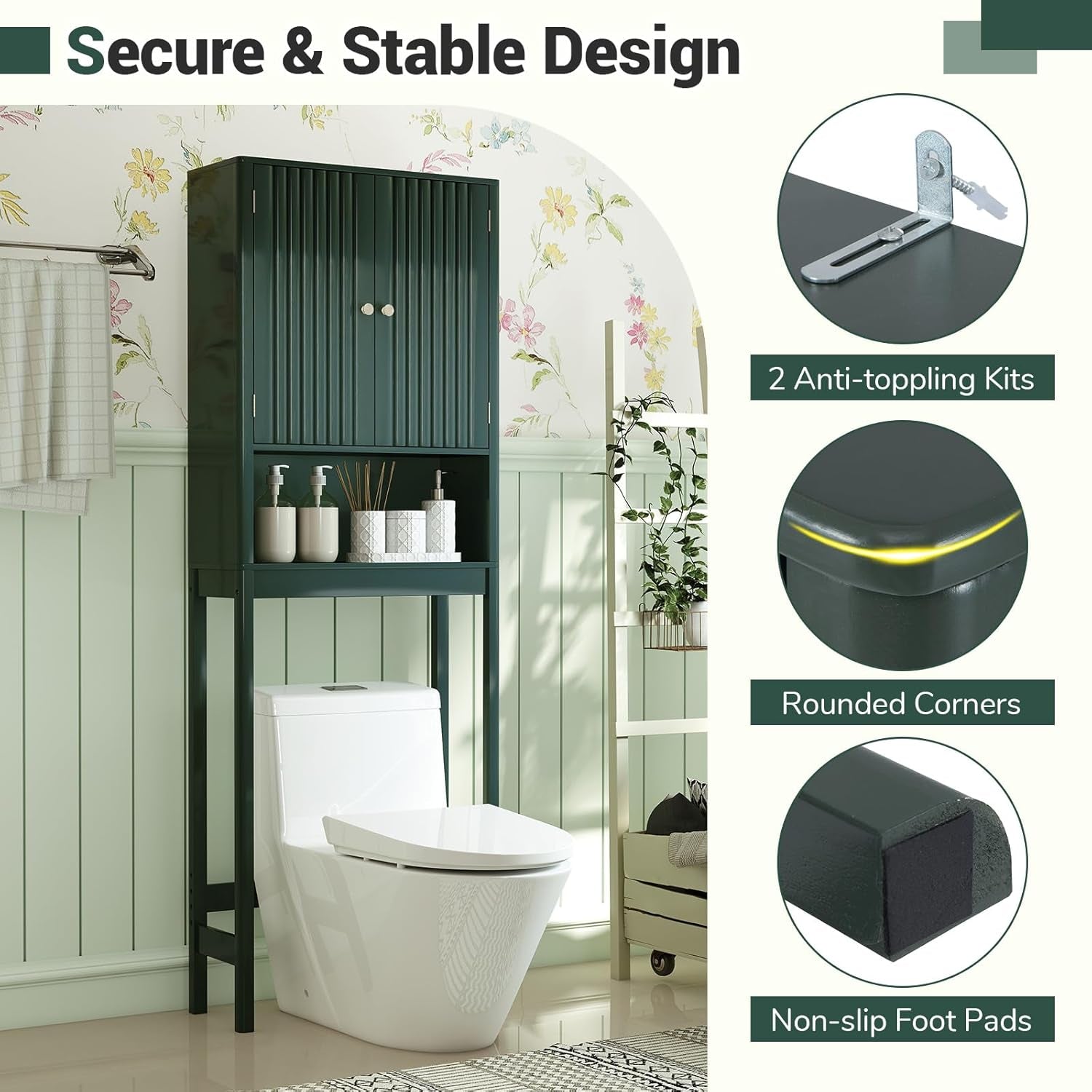 over the Toilet Storage Cabinet, Bathroom Organizer W/Fluted Doors, Adjustable Shelf&Bottom Bar, Open Storage Cube, Space-Saving above Toilet Storage Cabinet for Laundry (Forest Green)