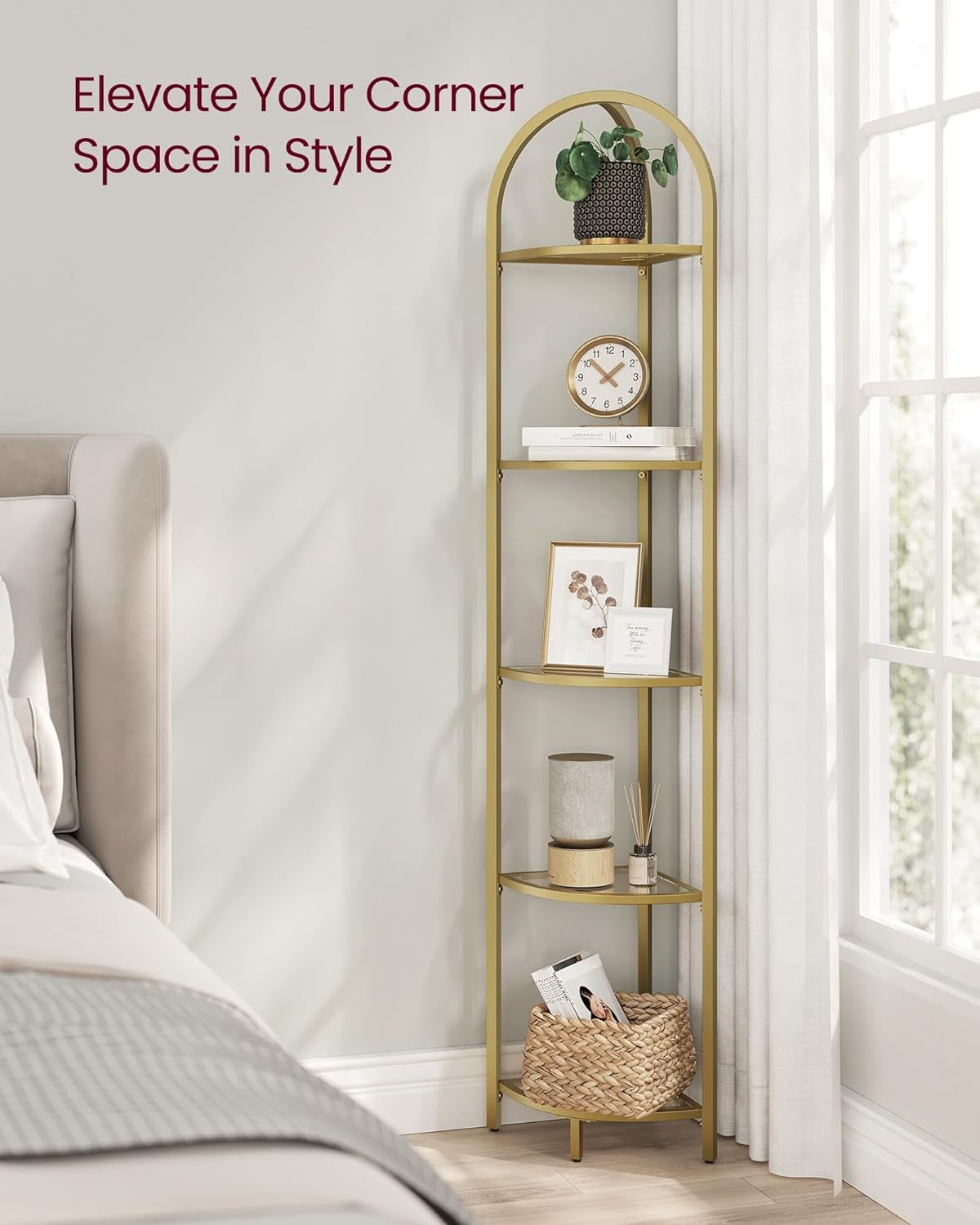 5-Tier Corner Shelf Stand, Corner Bookshelf, Bathroom Organizer, Plant Stand, Tempered Glass, Steel Frame, Modern Style, for Living Room, Bathroom, Kitchen, Metallic Gold ULGT810A01