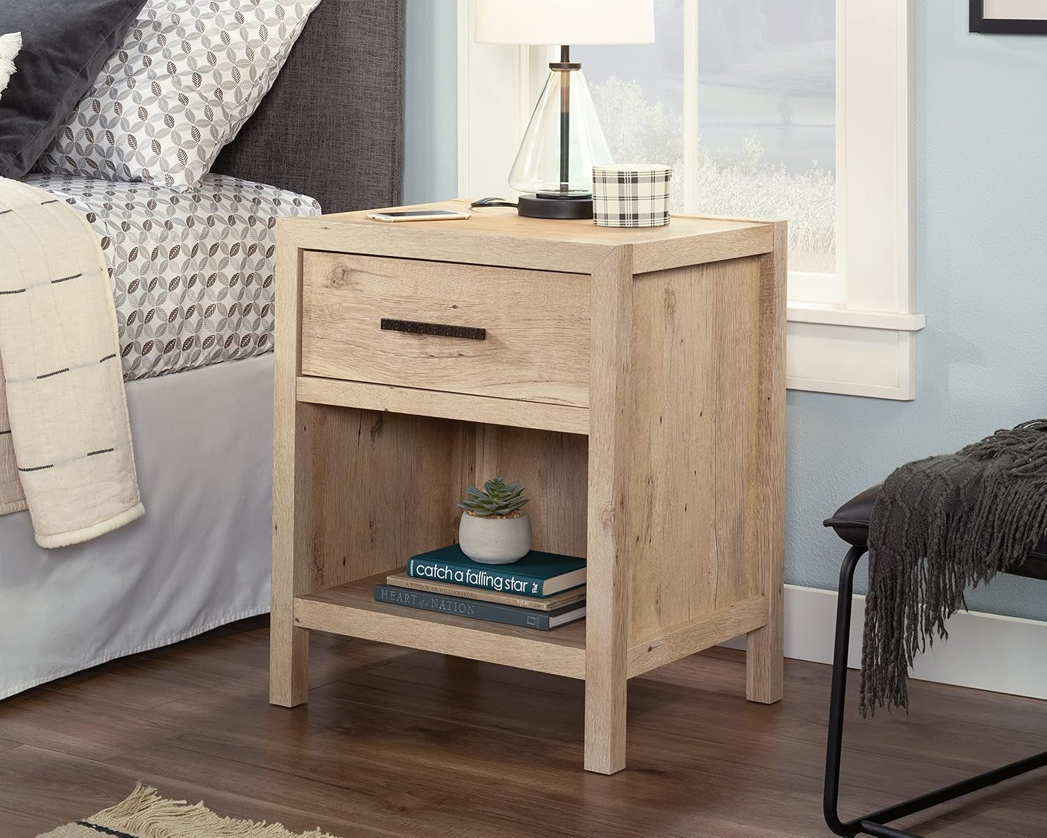 Pacific View Bedroom Night Stand, Spacious Storage, 1 Drawer Nightstand, Prime Oak Finish