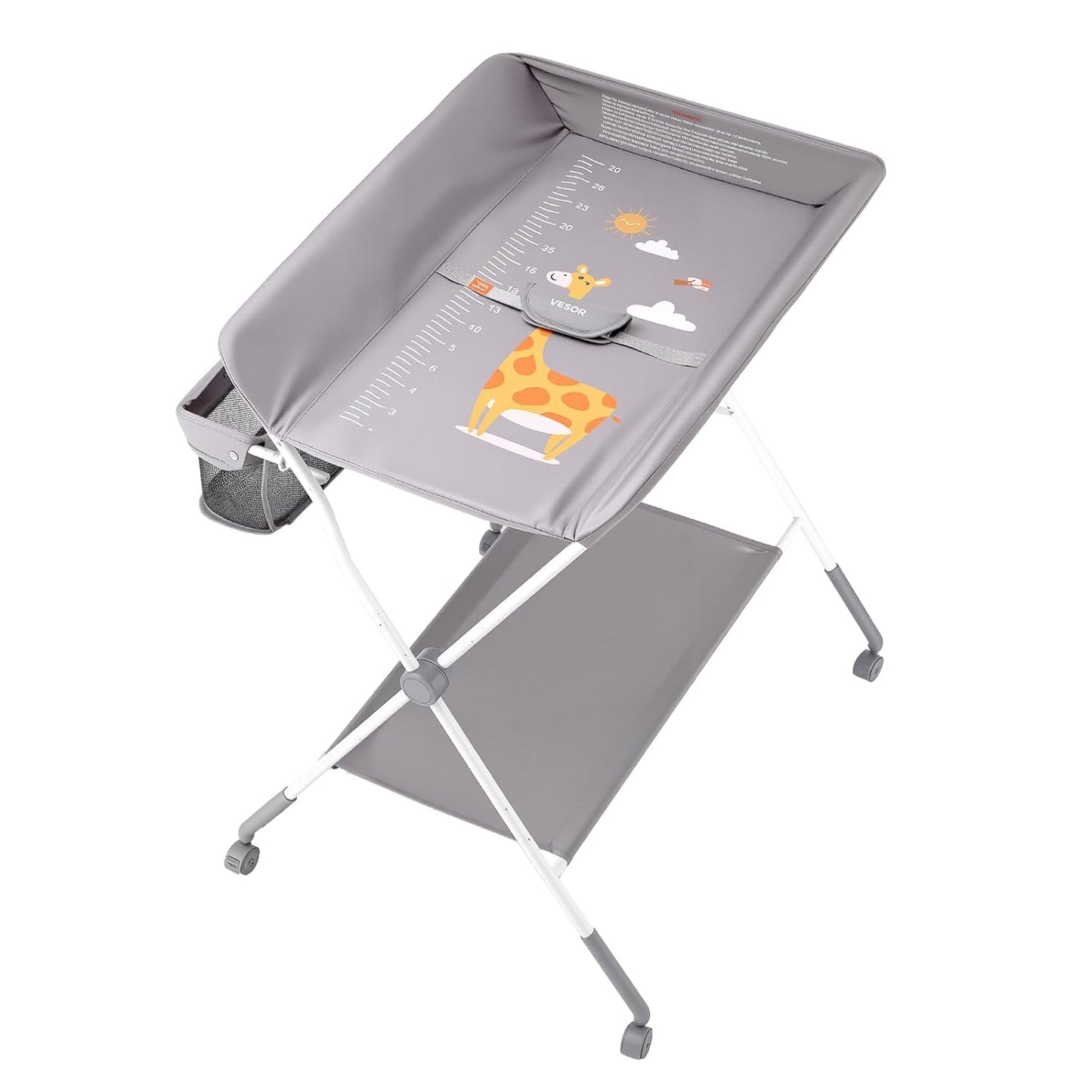 Baby Changing Table, Foldable Diaper Change Station with Side Basket, Adjustable Height Changing Table with Lockable Wheels, Multi-Functional Nursery Storage Organizer, Light Gray