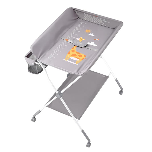 Baby Changing Table, Foldable Diaper Change Station with Side Basket, Adjustable Height Changing Table with Lockable Wheels, Multi-Functional Nursery Storage Organizer, Light Gray