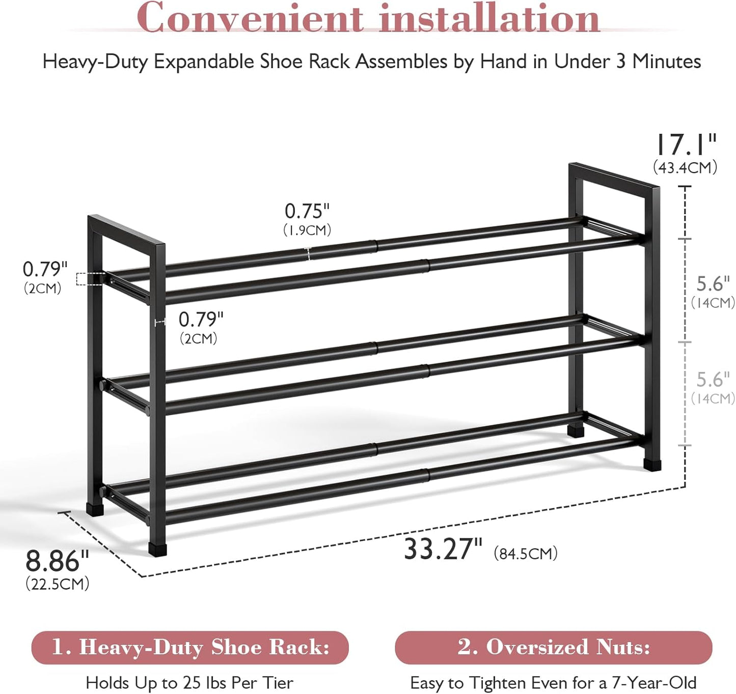 3-Tier Expandable Shoe Rack for Closet, 18“-33” Adjustable Shoe Rack for Small Space, Small Shoe Organizer for Front Door, Sturdy Metal, Black