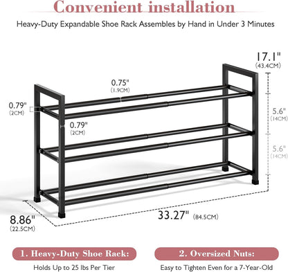 3-Tier Expandable Shoe Rack for Closet, 18“-33” Adjustable Shoe Rack for Small Space, Small Shoe Organizer for Front Door, Sturdy Metal, Black