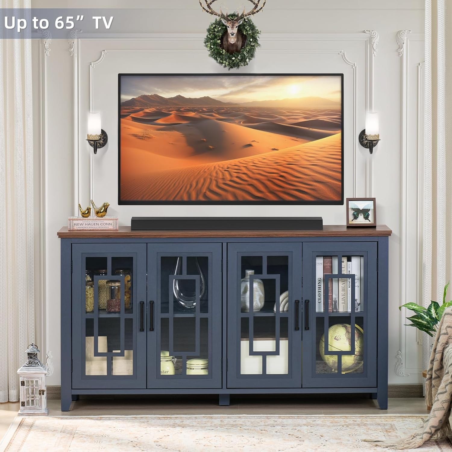 Large Sideboard Buffet Cabinet with Storage, 63" Farmhouse Navy Blue Kitchen Coffee Wine Bar Cabinet with 4 Glass Doors, Mid Century Modern Wood Side Board Table for Dining Room, Living Room