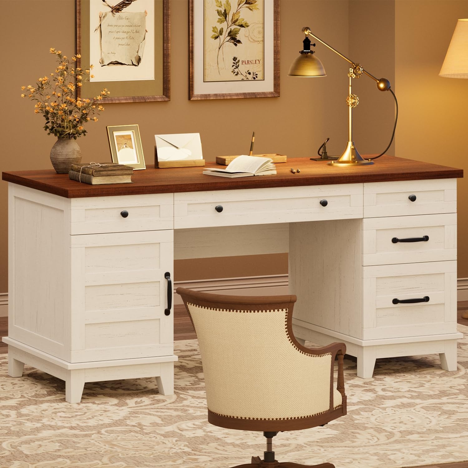 Executive Desk with File Drawers, Farmhouse Home Office Desk with Charging Station, 60 in Wooden Computer Desk with Cabinet Storage for Work Study Writing, White Walunt