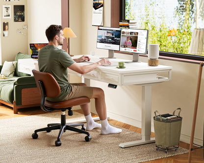 L Shaped Electric Standing Desk with Wooden Drawers, 55 Inch Height Adjustable Corner Workstation with Power Outlets, Sit Stand Table for Home, Office, White