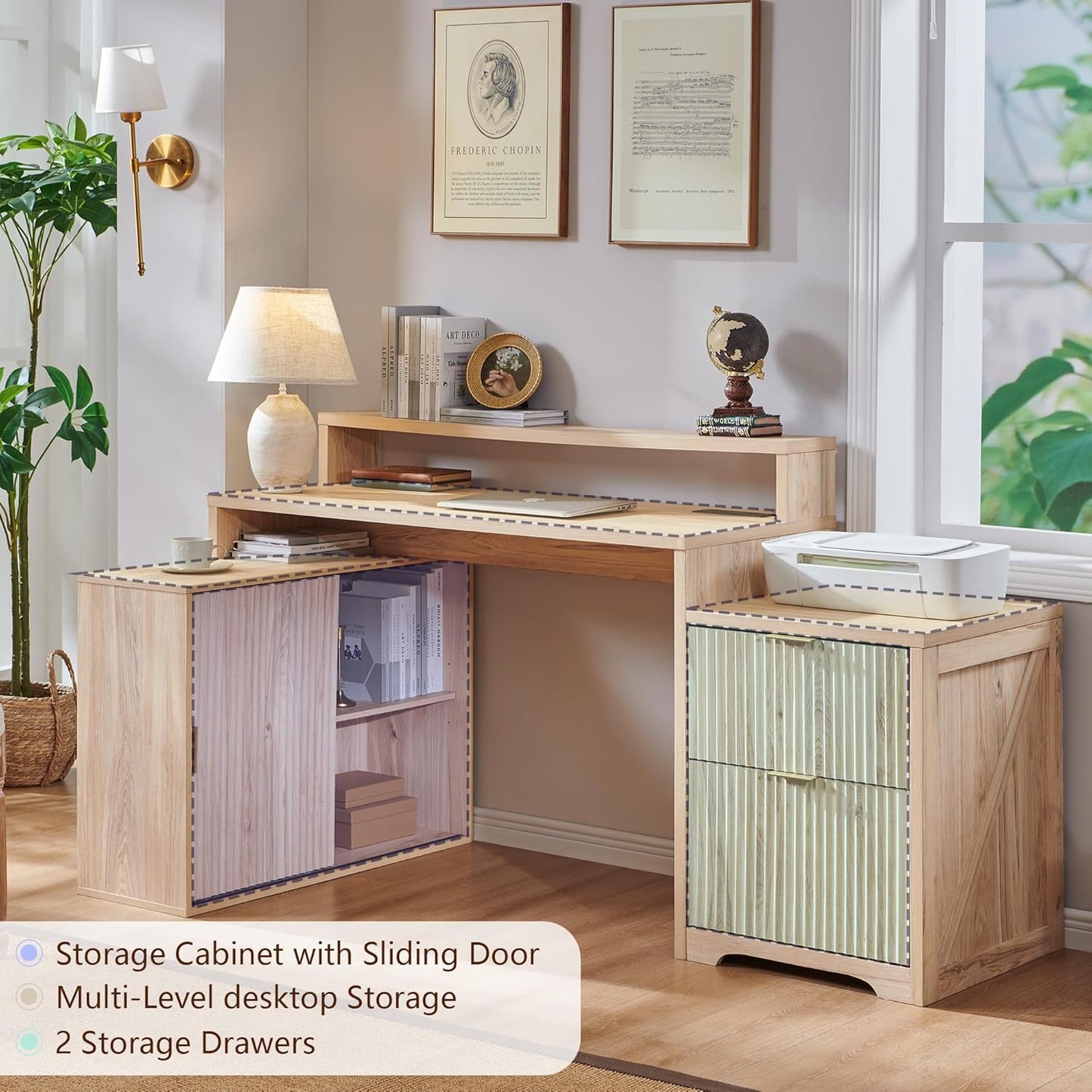 67" Modern L Shaped Desk with Storage Cabinet & Drawers, Wood Home Office Desk with Power Outlets, Fluted Computer Writing Desk, Natural Oak