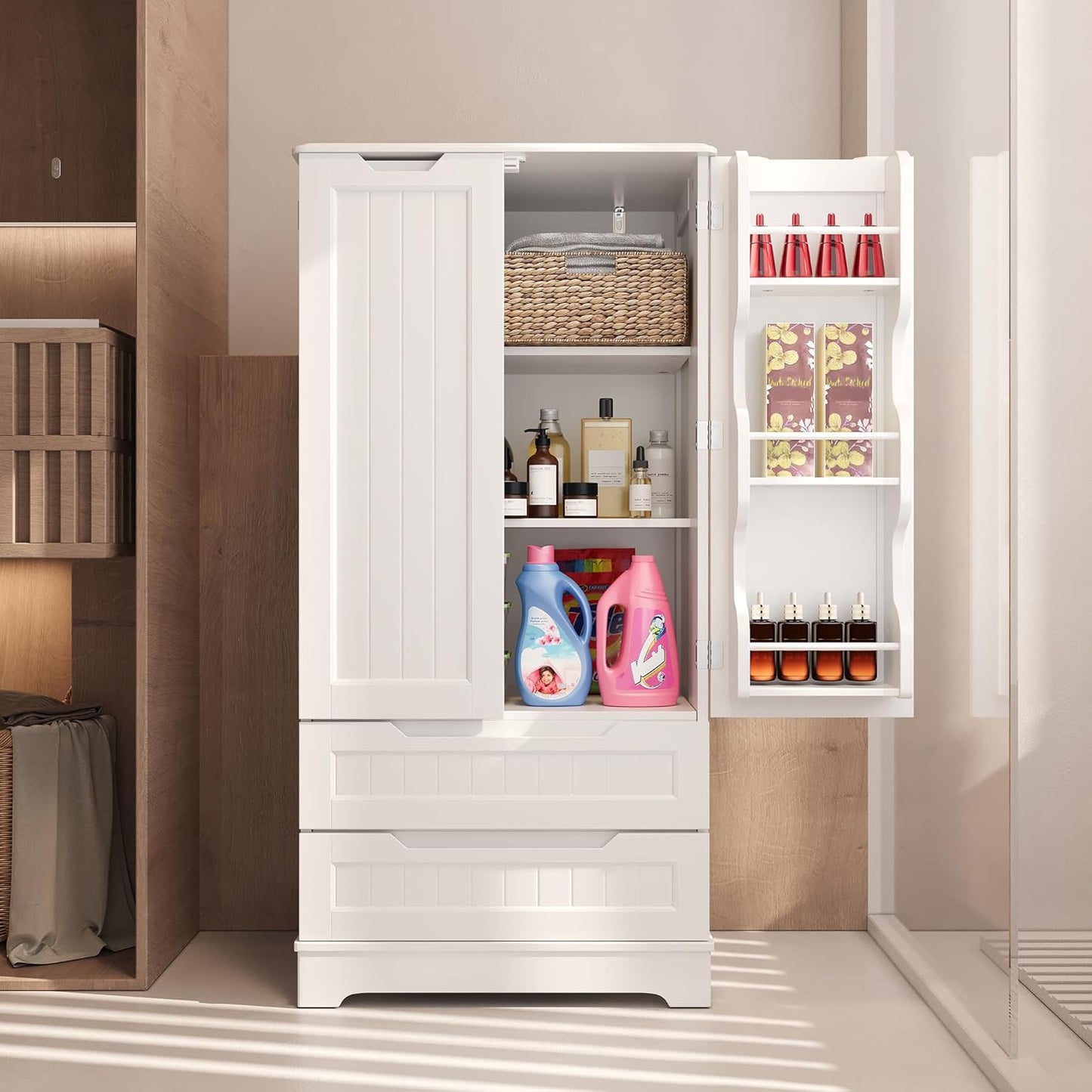 Kitchen Pantry Storage Cabinet with Drawers Freestanding Bathroom Storage Cabinets with Doors and Shelves, 47" Small Food Pantry Cabinet for Dining Room Craft Room, White