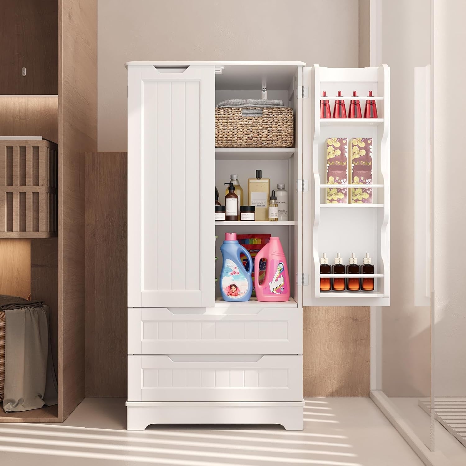 Kitchen Pantry Storage Cabinet with Drawers Freestanding Bathroom Storage Cabinets with Doors and Shelves, 47" Small Food Pantry Cabinet for Dining Room Craft Room, White