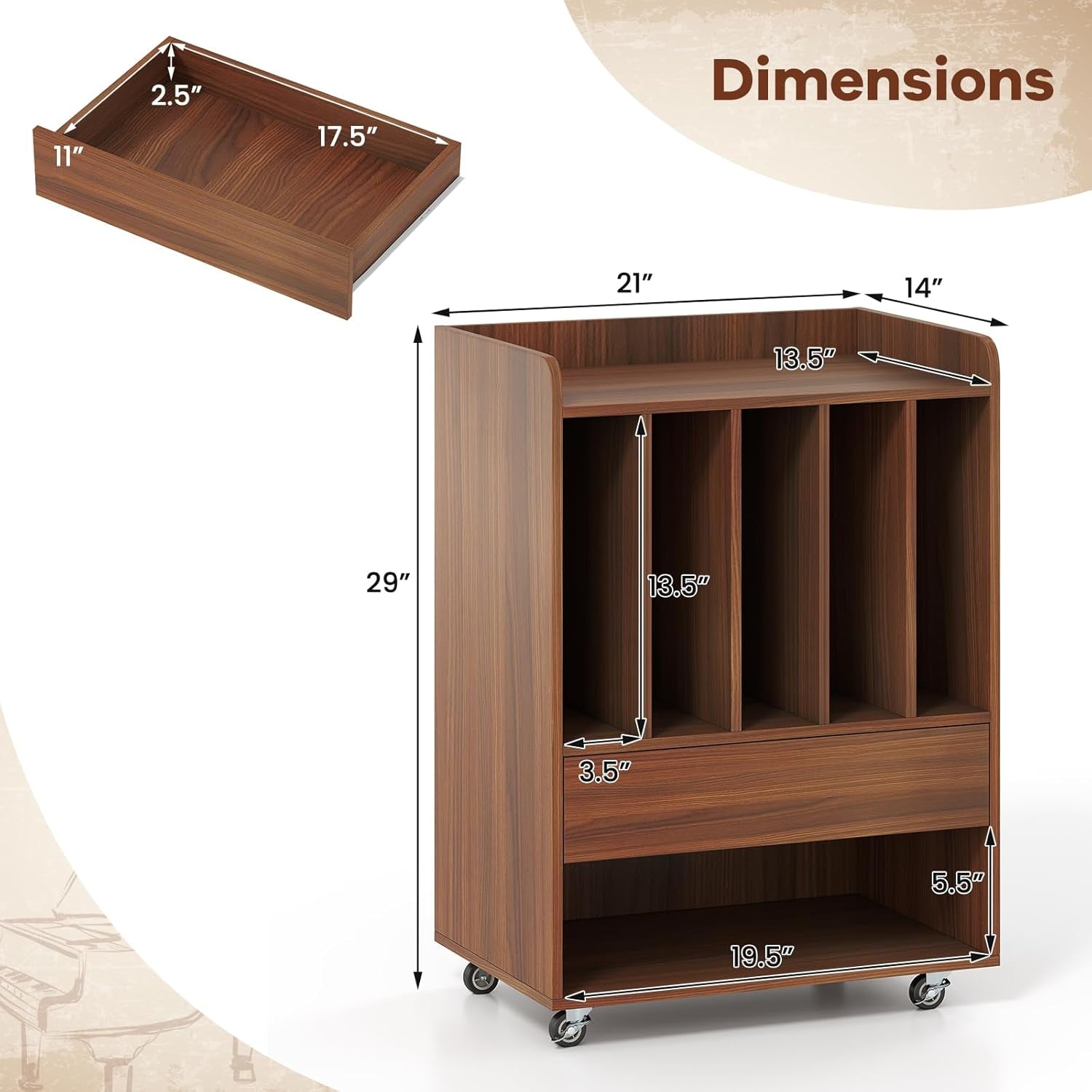 Record Player Stand, Rolling Turntable Stand with Drawer & Lockable Wheels, Record Player Table Holds up to 150 Albums, Vinyl Record Storage for Living Room Bedroom, Walnut