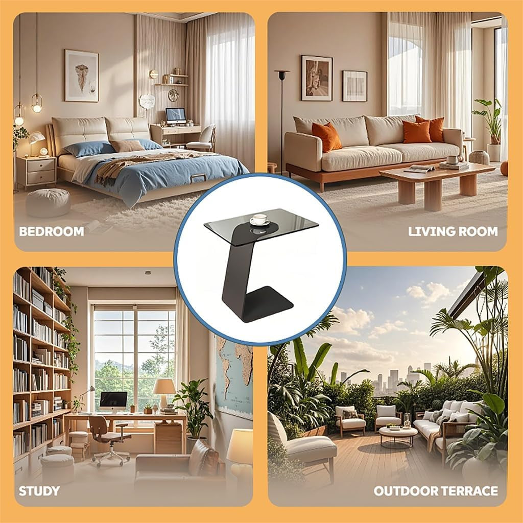 C Shaped End Table, Black Metal Frame Couch Side Table, Space Saving Coffee Table, Side Desk Suitable for Living Room, Bedroom, Bedside, Small Space(48 * 33 * 65Cm)