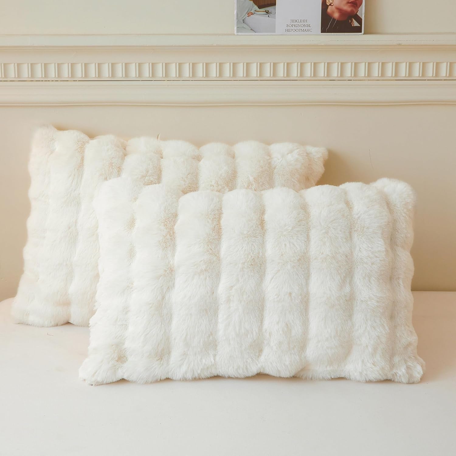 2 Pack Fluffy Faux Rabbit Fur Pillow Cases, Luxury Soft Plush Shaggy Bubble Waffle Pillowcases King Size Zipper Closure, Furry Fuzzy Ivory Long Pillow Shams Bedroom Living Room 20X36, Beige