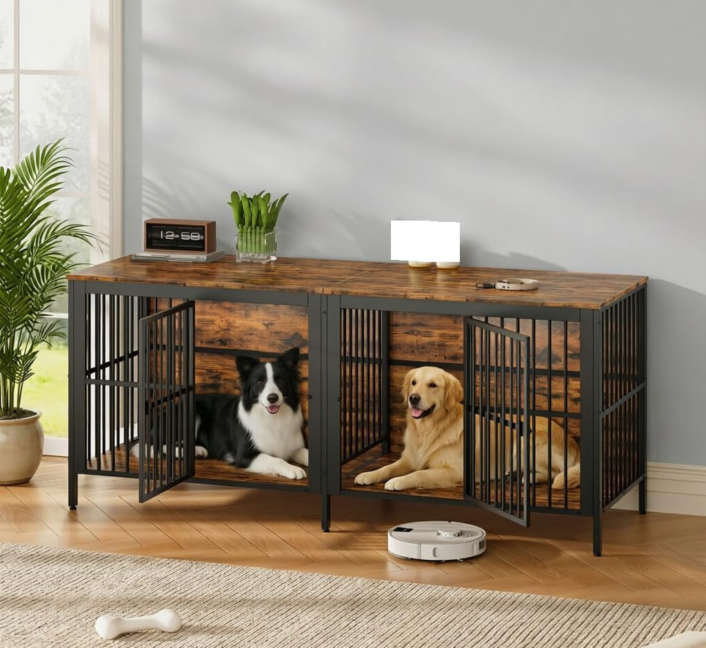 80" Heavy Duty Dog Crate Furniture with Rustic Wood Top - 3-In-1 Large Indoor Dog Kennel End Table & TV Stand, Double Door Pet House for Medium/Large Dogs (Up to 150Lbs), Easy Assembly