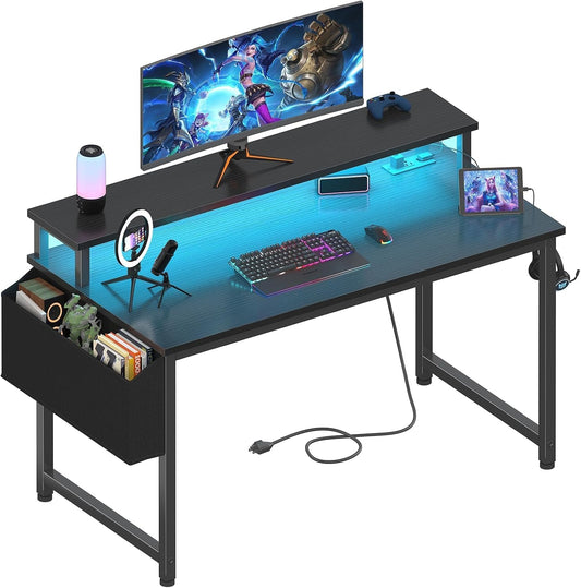 Black Gaming Desk with LED Lights and Power Outlets, 40 Inch Teen Writing Study Table Home Office Desks with Monitor Stand, Computer Desk with Charging Station USB Port, Black