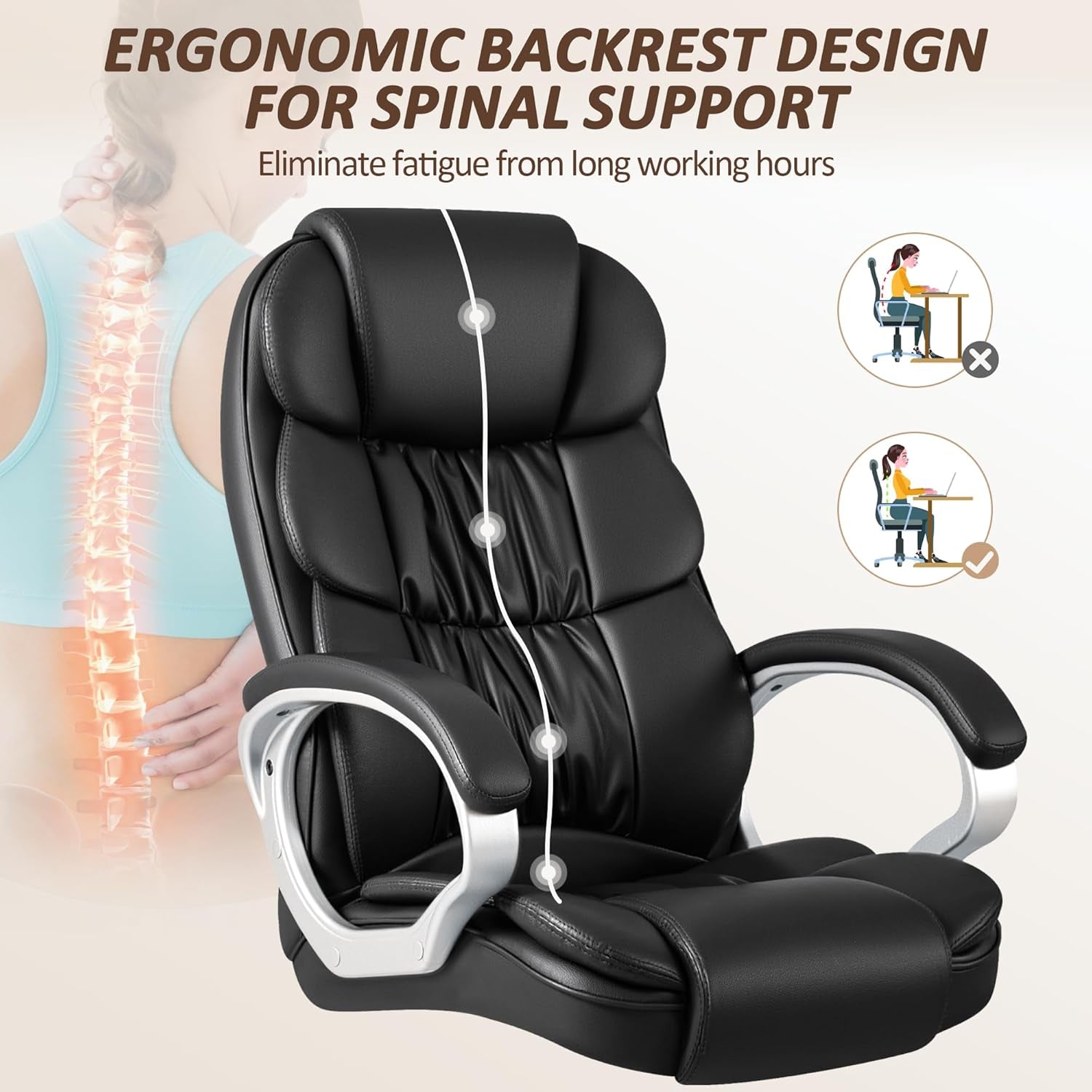 Office Chair High Back Computer Desk Chair, PU Leather Adjustable Height Modern Executive Swivel Task Chair with Padded Armrests and Lumbar Support (Black)