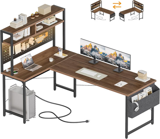 59 Inch Large L Shaped Desk with Pegboard Hutch & Shelves, Corner Gaming Desk with Power Outlet, LED Light & Storage Bag, Reversible Computer Desk for Home, Bedroom, Office Workspace, Walnut