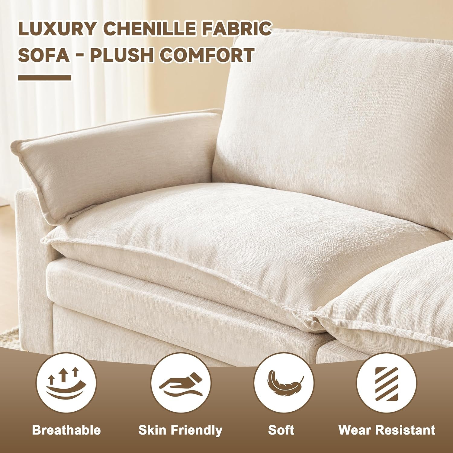 114 Inch Modular Couch Sectionals with Ottoman, Big Comfy Cloud Couches, L Shaped 4 Seat Modular Sectional Sofa, Modern Cloud Sectional Couches for Living Room, Deep Seat Sofa, Beige