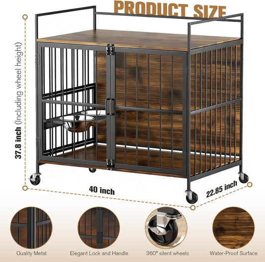40'' Large Dog Crate Furniture, Heavy Duty Dog Kennel Furniture for Large and Medium Dogs, Indoor Wooden Dog Cage Furniture End Table with Wheels