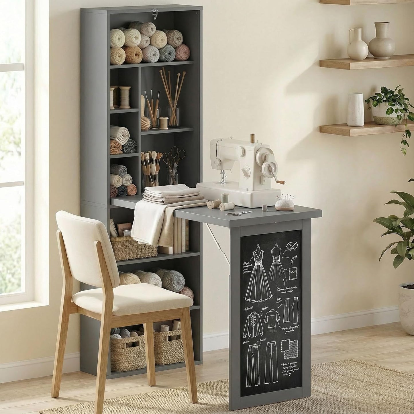 Fold-Out Convertible Writing Table, Computer Desk with Blackboard and Side Shelf Multi-Function Home Office Workstation, Charcoal Gray