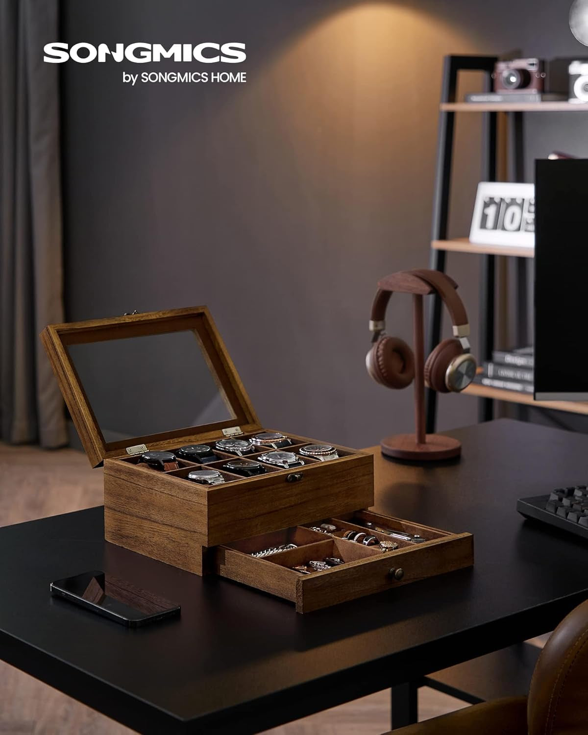 2 Items Bundle - Watch Boxes, 12-Slot Solid Wood Watch Box Organizer with Glass Lid, 2-Tier Watch Case with 8 Slots, Rustic Walnut UJOW008K01 and UJOW120K01