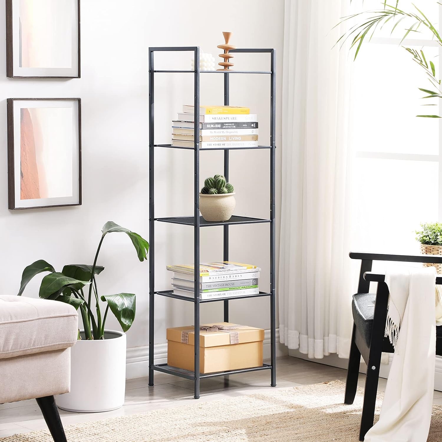 5-Tier Storage Rack, Bathroom Shelf, Extendable Plant Stand with Adjustable Shelf, for Bathroom, Living Room, Balcony, Kitchen, Black UBSC35BK, 11.8 X 15 X 50.4 Inches