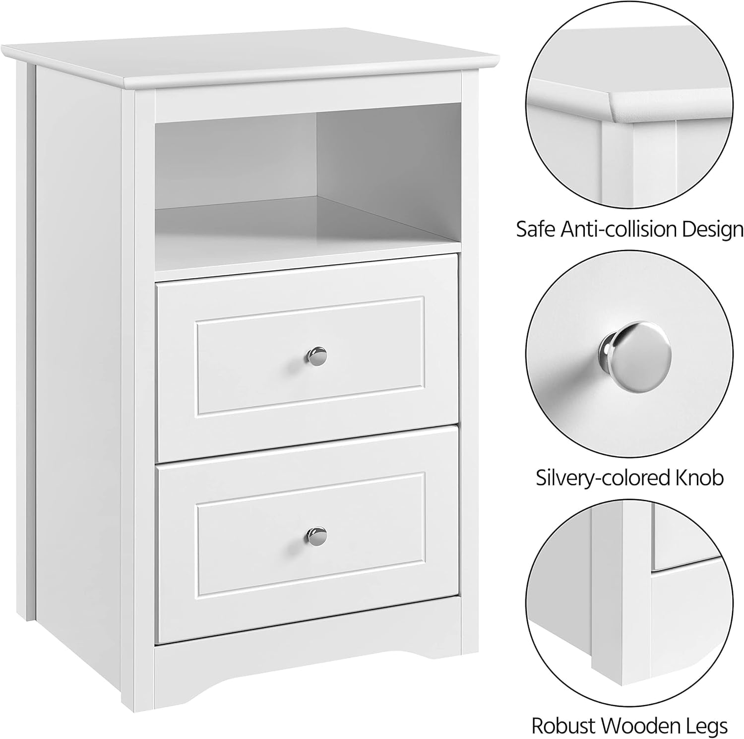 Nightstand with 2 Drawer and 1 Open Shelf, 29" Tall Bedside Table Wooden Flie Cabinet Telephone Table Bed Side Table with Storage for Bedroom White