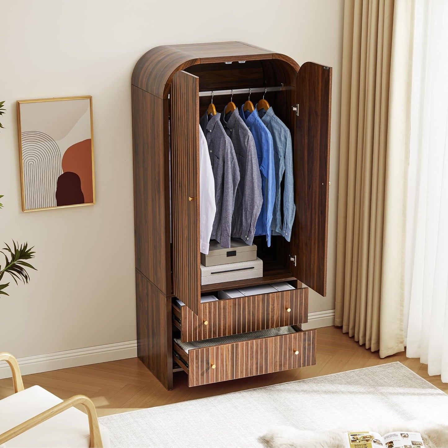 Arched Armoire Wardrobe Closet, Mid-Century Modern 2-Door Freestanding Wardrobe with Hanging Rod and 2 Drawers, Fluted Carved Clothing Storage Cabinet for Bedroom (Walnut)