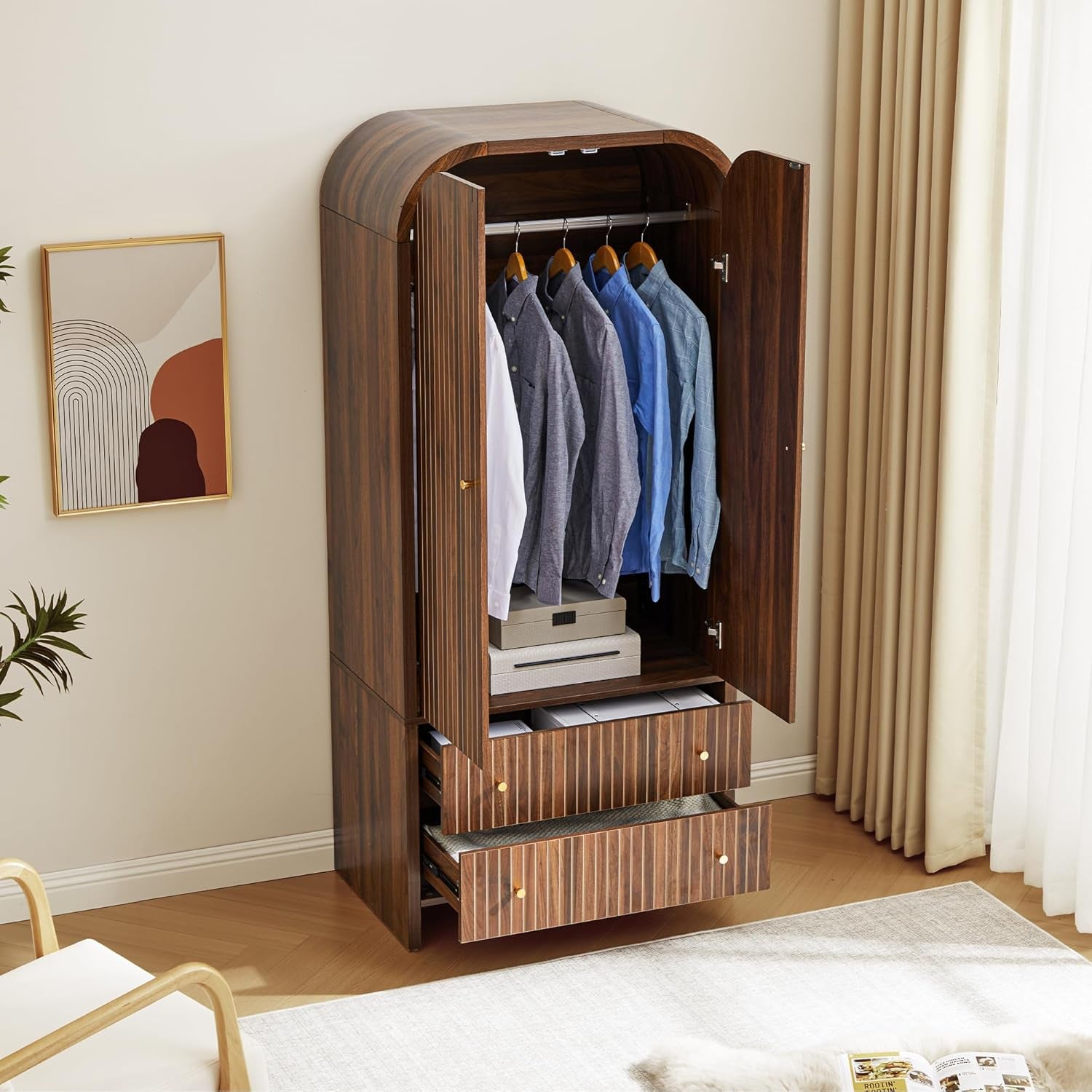 Arched Armoire Wardrobe Closet, Mid-Century Modern 2-Door Freestanding Wardrobe with Hanging Rod and 2 Drawers, Fluted Carved Clothing Storage Cabinet for Bedroom (Walnut)