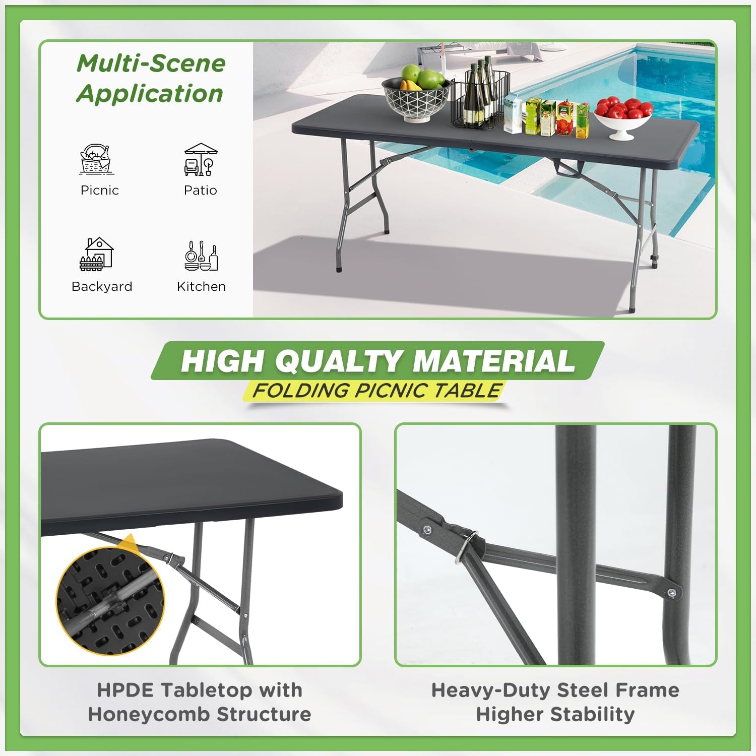 Outdoor Folding Camping Table Plastic Table Portable Square Height Dining Table Perfect for Picnics,Parties,Party and Camping,Black