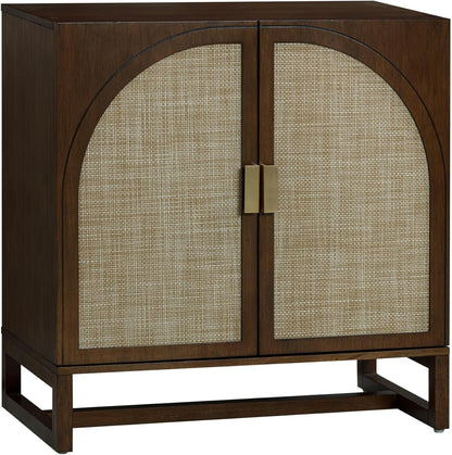 Paxton Boho Wood Storage Cabinet with Doors, Small Storage Cabinet for Living Room or Kitchen with Rattan Door Details, Dark Walnut