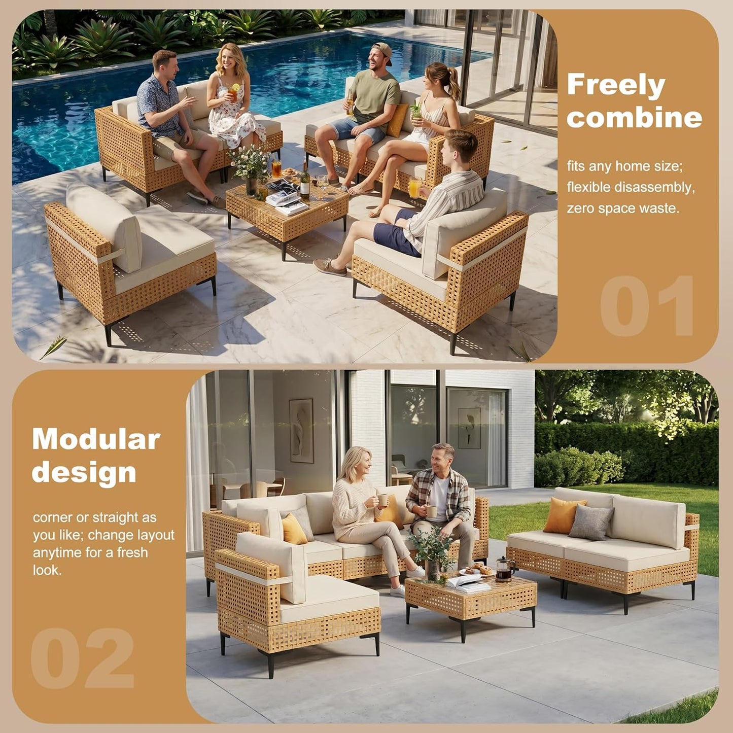 Patio Furniture Set, 110" Large 7-Piece Wicker Outdoor Patio Furniture Sets with Anti-Slip Cushions & Coffee Table,Boho Patio Conversation Set Sectional Sofa for Backyard,Porch,Beige