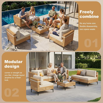 Patio Furniture Set, 110" Large 7-Piece Wicker Outdoor Patio Furniture Sets with Anti-Slip Cushions & Coffee Table,Boho Patio Conversation Set Sectional Sofa for Backyard,Porch,Beige