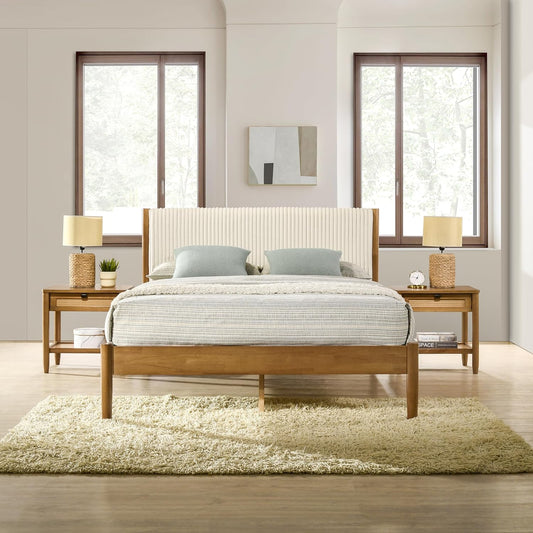 Vichy 2-Piece Rubberwood Bedroom Set with Upholstered Queen Bed and Nightstand, Corduroy