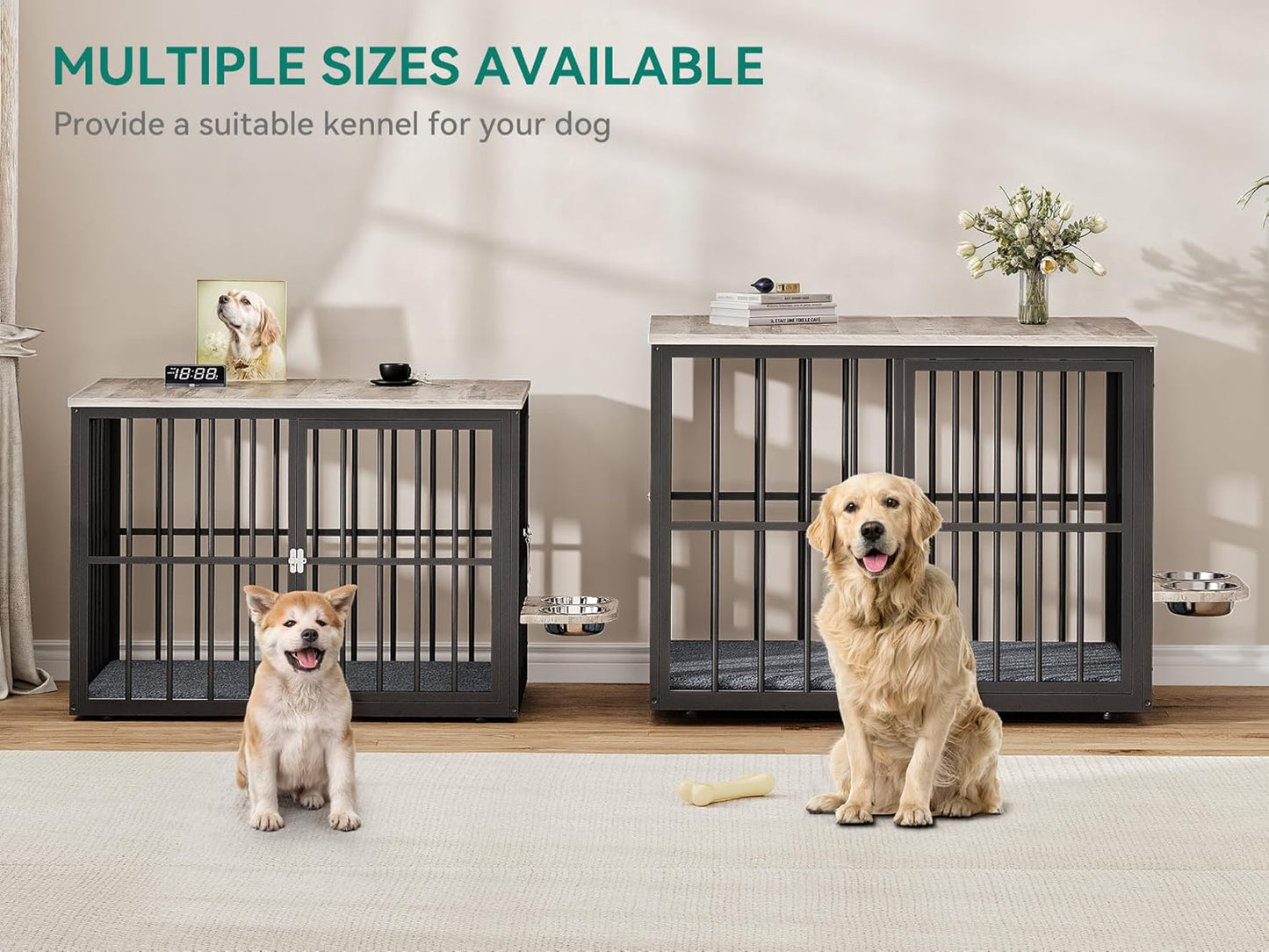 77.6" Large Corner Dog Crate Furniture for 2 Dogs, Steel Frame Cage with Double Doors & Bowls & 3 Doors, Double Dog Crate Furniture TV Stand for Medium Large Dogs, Grey