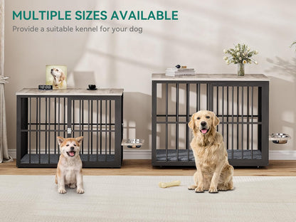 88.6" Large Corner Dog Crate Furniture for 2 Dogs, Large Wooden Dog Kennel with Dog Bowls & 3 Doors, Large Double Dog Crate Furniture TV Stand for Medium Large Dogs, Brown